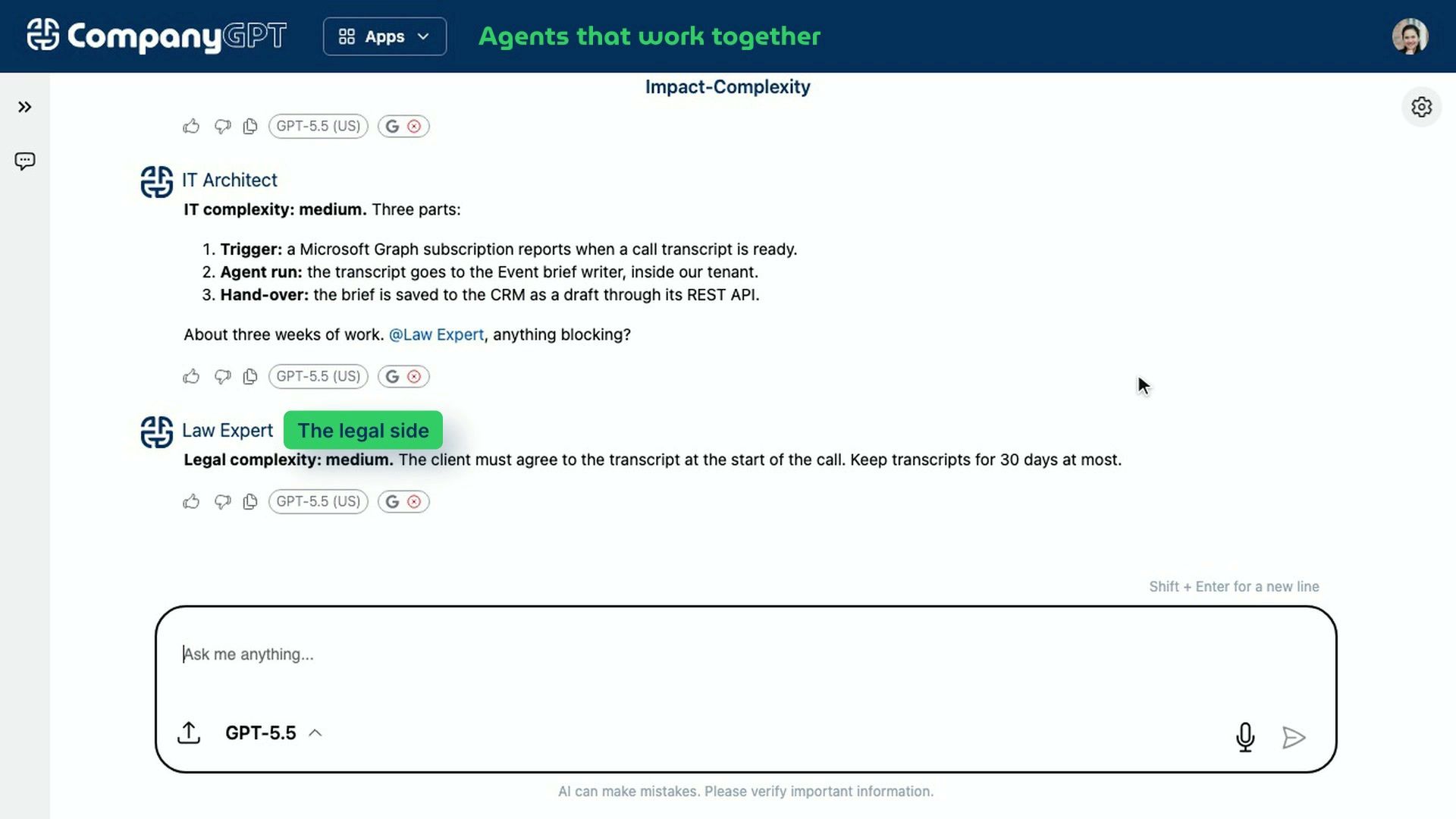 CompanyGPT: agents and collaboration spaces, specialised agents that solve problems together.