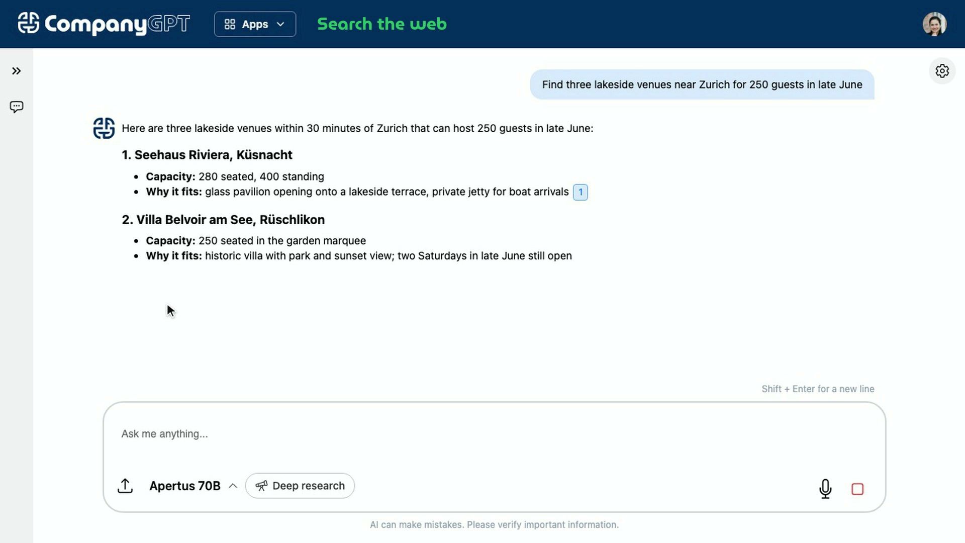 CompanyGPT: chat, voice and web search, ask anything in any model, and check the sources.