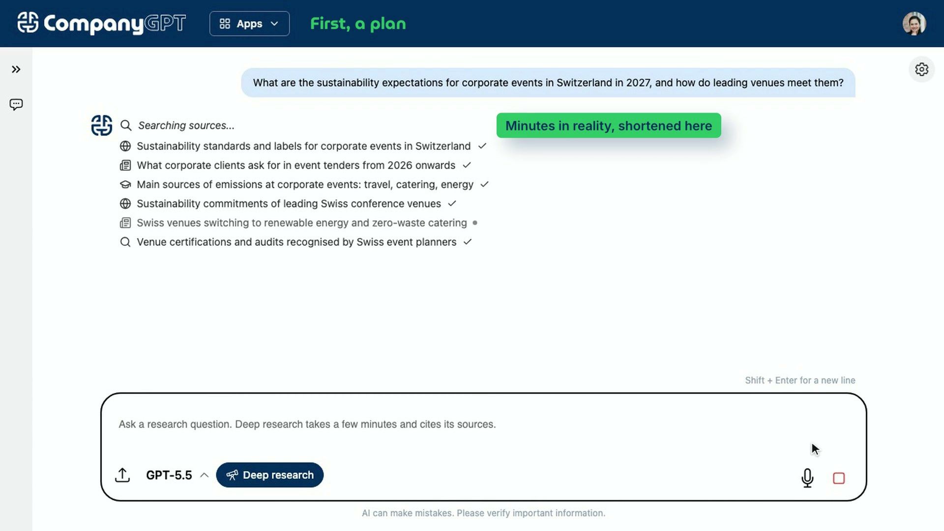 CompanyGPT: Deep research, a research plan worked through step by step, with sources.