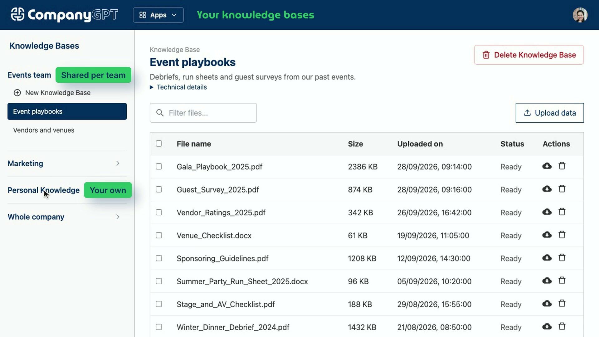 CompanyGPT: knowledge bases, answers grounded in your own documents.