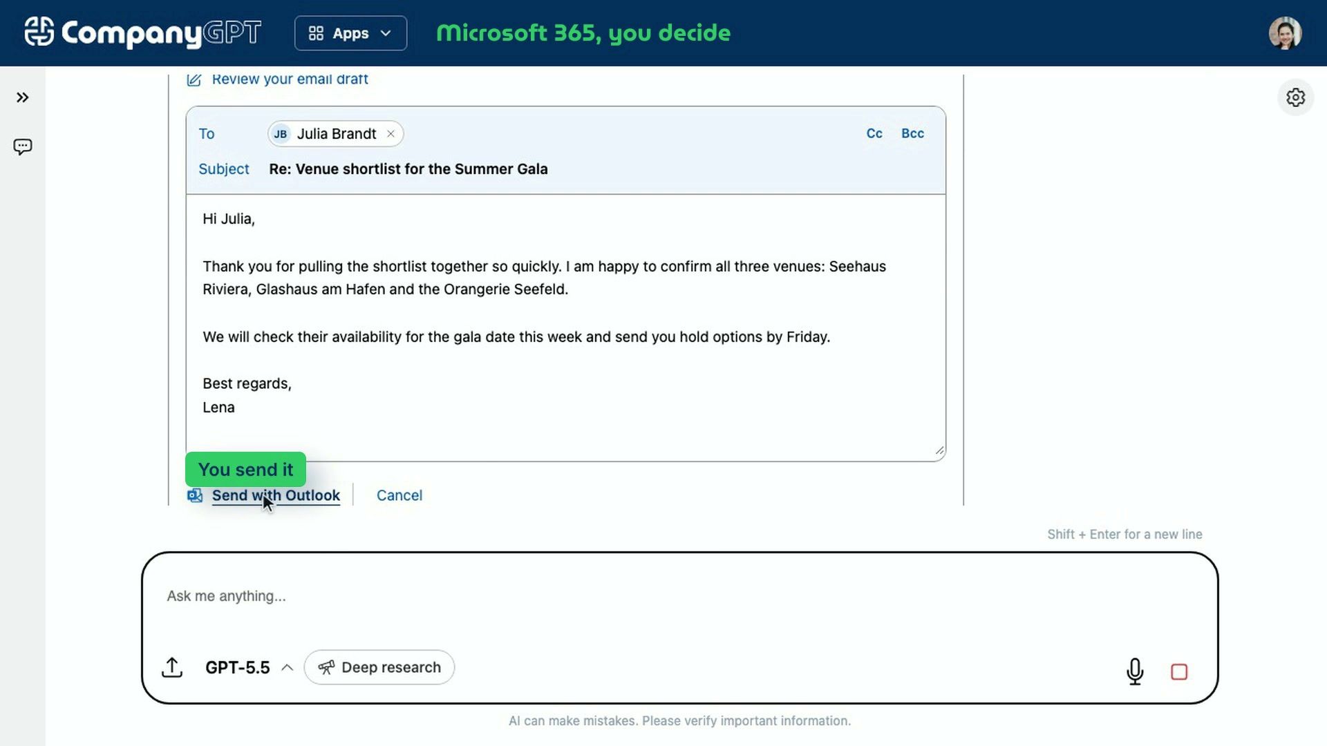 CompanyGPT: Microsoft 365, Outlook, calendar and meetings, with you in control.