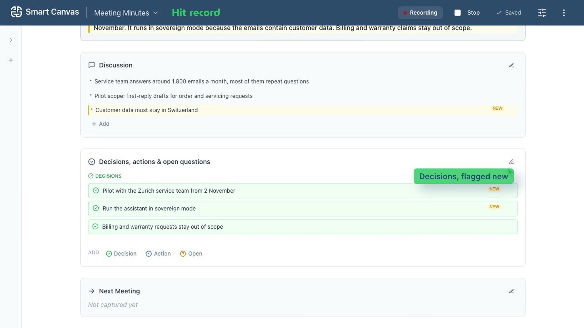 Smart Canvas: capture it live, hit record and the canvas builds itself as you talk.