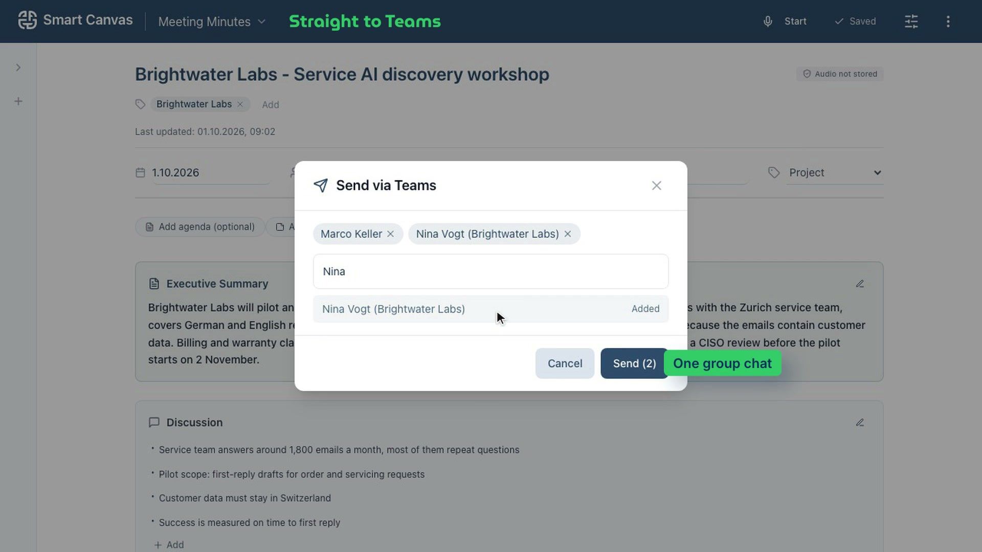 Smart Canvas: share it straight away, send to Teams, share a link or export.