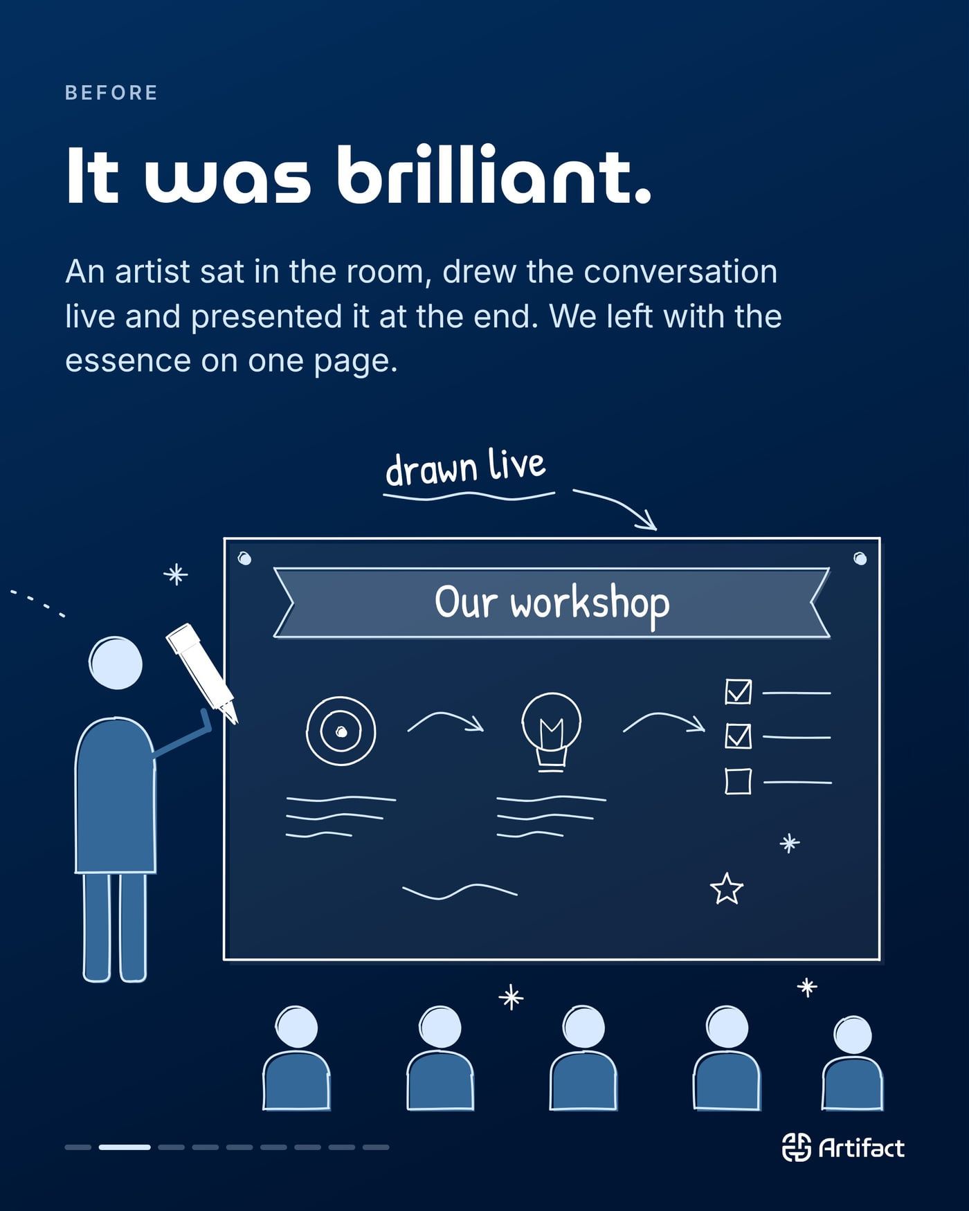 BEFORE. It was brilliant. An artist sat in the room, drew the conversation live and presented it at the end. We left with the essence on one page.
