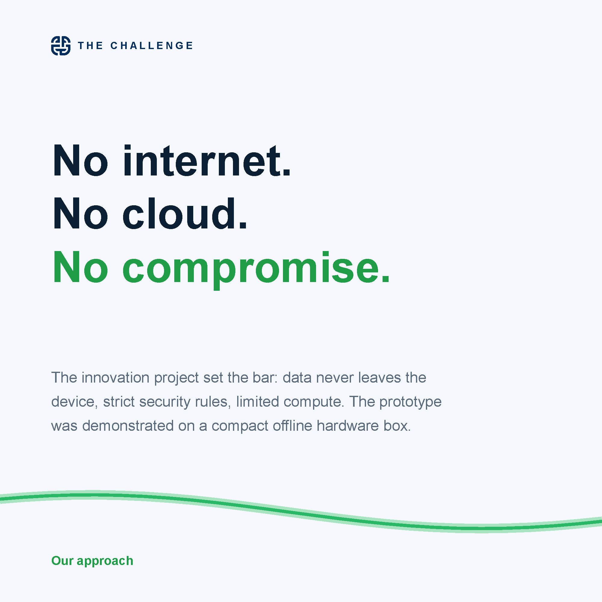 The challenge: no internet, no cloud, no compromise. Data never leaves the device, under strict security rules and limited compute, demonstrated on a compact offline hardware box.