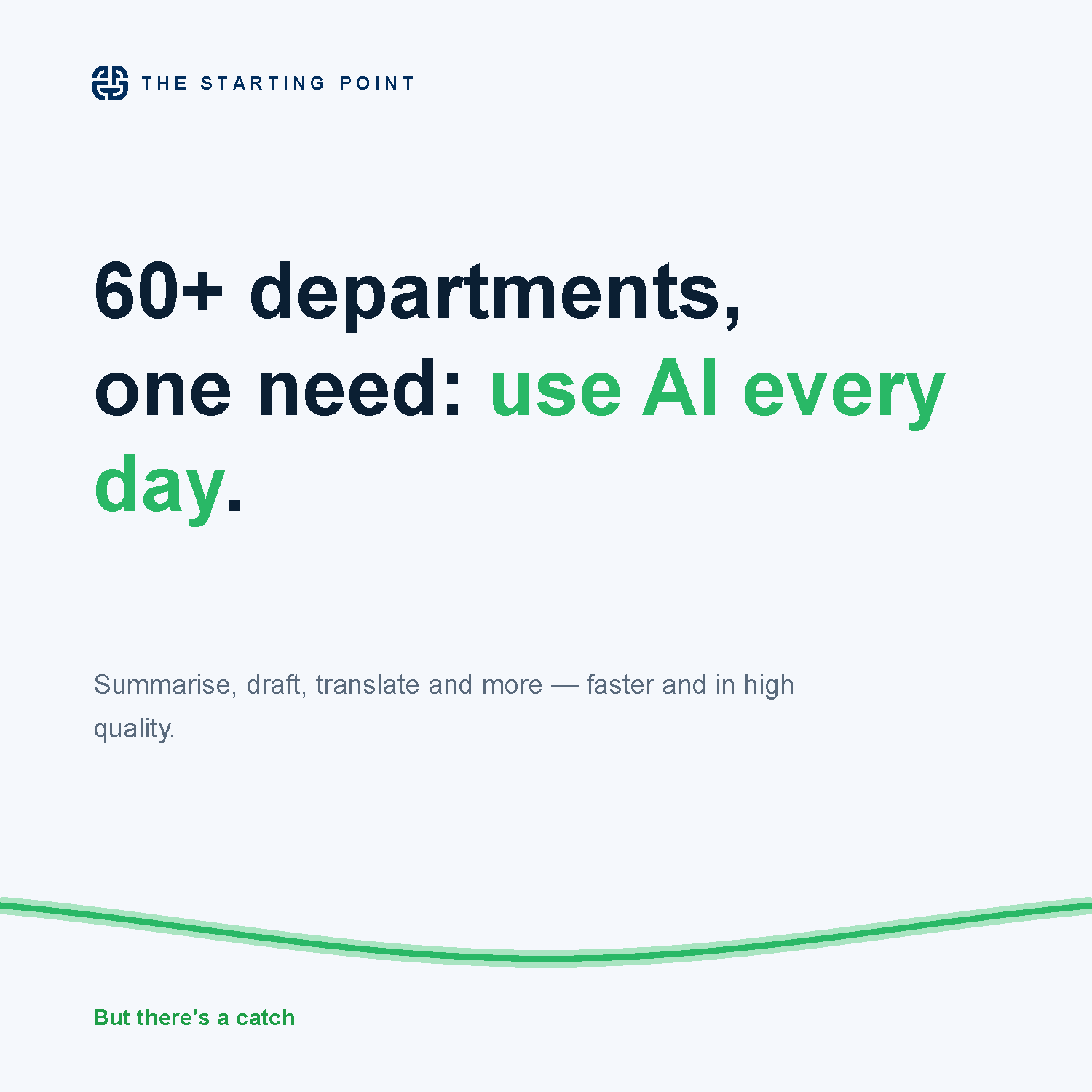 The starting point: 60+ departments, one need, use AI every day to summarise, draft, translate and more, faster and in high quality.